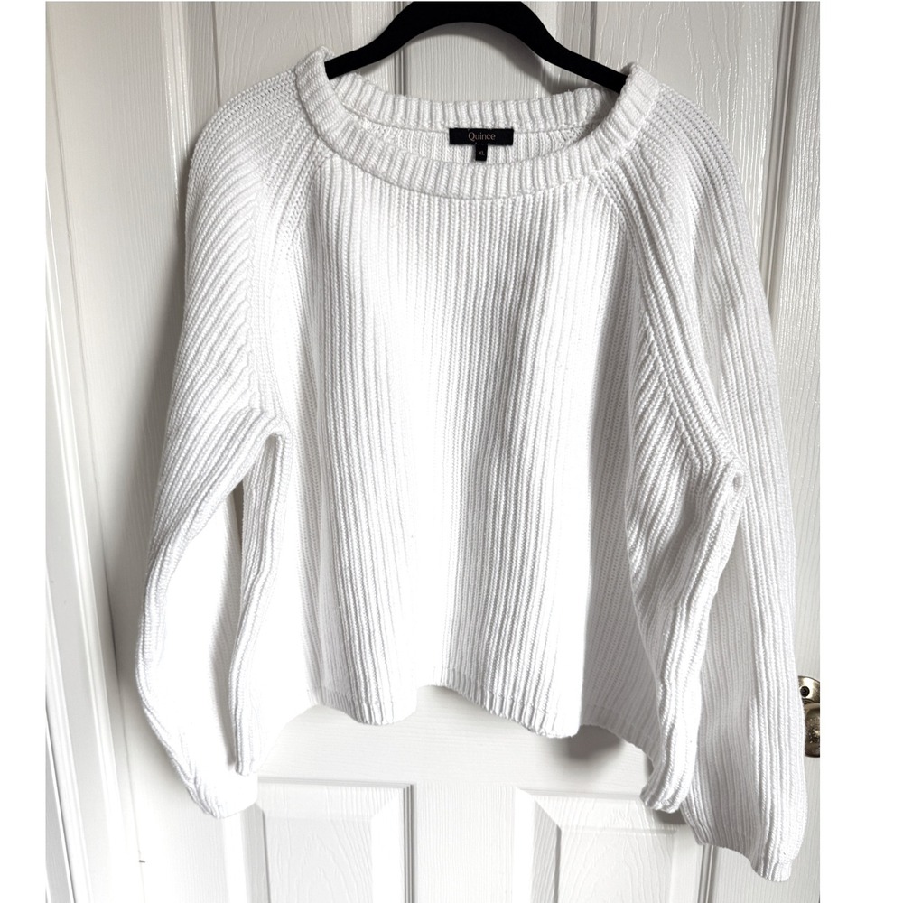 Quince White Shaker Stitch Cotton Crewneck Pullover Sweater XL Cropped